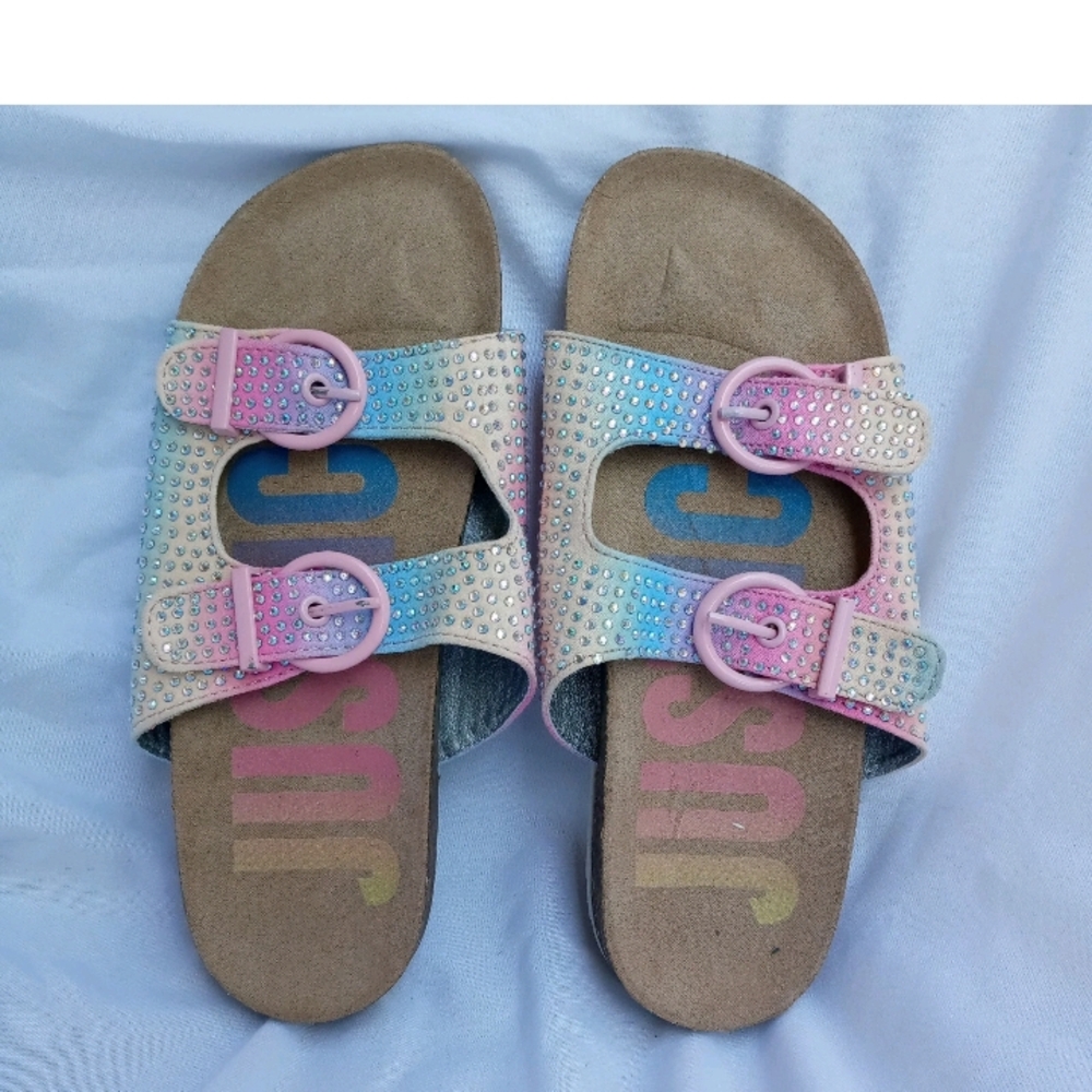 Justice Girls Dual-Buckle Rhinestone Footbed Sandals 4 Pastel Gradient Upper